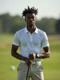 man as a Golfer on the Golf Course holding Golf Club wearing golf shorts or golf skirt, a collared shirt, golf pants