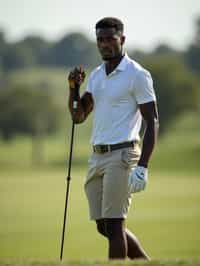 man as a Golfer on the Golf Course holding Golf Club wearing golf shorts or golf skirt, a collared shirt, golf pants