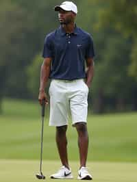 man as a Golfer on the Golf Course holding Golf Club wearing golf shorts or golf skirt, a collared shirt, golf pants