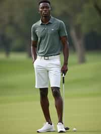 man as a Golfer on the Golf Course holding Golf Club wearing golf shorts or golf skirt, a collared shirt, golf pants