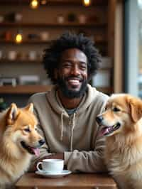 man in a Dog Cafe with many cute Samoyed and Golden Retriever dogs