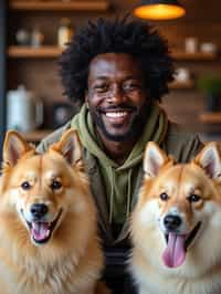 man in a Dog Cafe with many cute Samoyed and Golden Retriever dogs