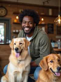 man in a Dog Cafe with many cute Samoyed and Golden Retriever dogs