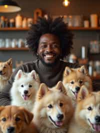 man in a Dog Cafe with many cute Samoyed and Golden Retriever dogs