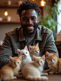 man in a Cat Cafe with many cute Cats and Kittens around them