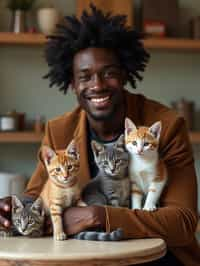 man in a Cat Cafe with many cute Cats and Kittens around them