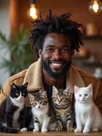 man in a Cat Cafe with many cute Cats and Kittens around them