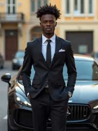 man wearing suit  posing in front of a sports car