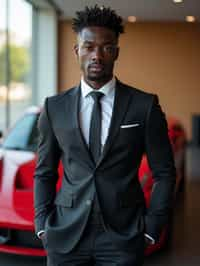 man wearing suit  posing in front of a sports car