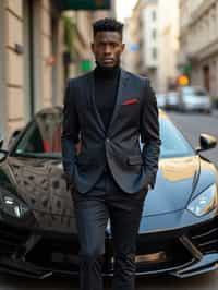 man wearing suit  posing in front of a sports car