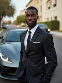 man wearing suit  posing in front of a sports car