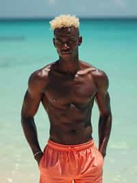 man as Ken from Barbie with swim trunks, shirtless, undercut blonde hairstyle.