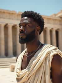 man as Ancient Greek philosopher in 500 B.C., Ancient Roman white clean new temple in background