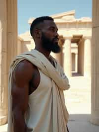 man as Ancient Greek philosopher in 500 B.C., Ancient Roman white clean new temple in background