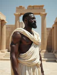 man as Ancient Greek philosopher in 500 B.C., Ancient Roman white clean new temple in background