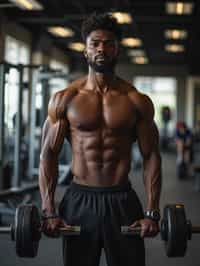 man in shorts and shirtless  in the fitness gym working out