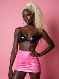 man as with platinum blonde hair and pink latex skirt