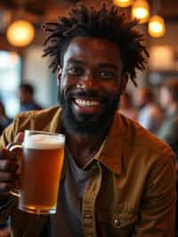 man in a busy bar drinking beer. holding an intact pint glass mug of beer