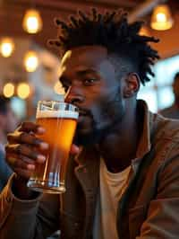 man in a busy bar drinking beer. holding an intact pint glass mug of beer