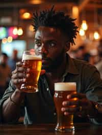 man in a busy bar drinking beer. holding an intact pint glass mug of beer