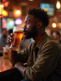 man in a busy bar drinking beer. holding an intact pint glass mug of beer