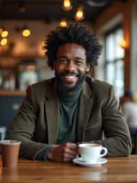  man in hipster coffee place with coffee cup on table