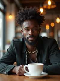  man in hipster coffee place with coffee cup on table