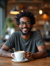  man in hipster coffee place with coffee cup on table