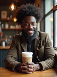  man in hipster coffee place with coffee cup on table