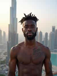 man standing in front of city skyline viewpoint in Dubai with city skyline in background