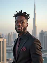 man standing in front of city skyline viewpoint in Dubai with city skyline in background