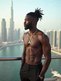 man standing in front of city skyline viewpoint in Dubai with city skyline in background