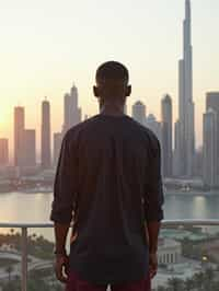 man standing in front of city skyline viewpoint in Dubai with city skyline in background