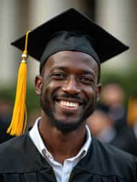 happy  man in Graduation Ceremony wearing a square black Graduation Cap with yellow tassel at college