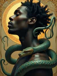 man with coiled serpents beautiful detailed romantic art nouveau of a man  by alphonse mucha, kay nielsen, yoshitaka amano, and gustav klimt, hauntingly beautiful refined moody dreamscape