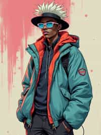 full body of a street punk man student, blue eyes, bubble jacket, hat, white hair by atey ghailan, by greg rutkowski, by greg tocchini, by james gilleard, by joe fenton, by kaethe butcher, gradient pink, black, brown and light blue color scheme, grunge aesthetic