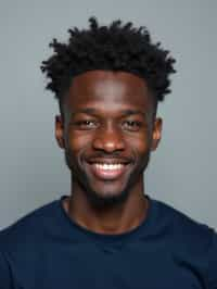 man as official passport photo for government documents. wearing a dark blue navy t-shirt. photorealistic. light gray background. entire face visible. entire head visible