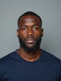 man as official passport photo for government documents. wearing a dark blue navy t-shirt. photorealistic. light gray background. entire face visible. entire head visible