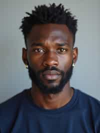 man as official passport photo for government documents. wearing a dark blue navy t-shirt. photorealistic. light gray background. entire face visible. entire head visible