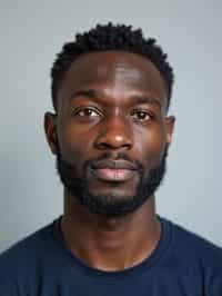 man as official passport photo for government documents. wearing a dark blue navy t-shirt. photorealistic. light gray background. entire face visible. entire head visible