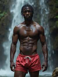 man in swim shorts  under a waterfall, wet hair