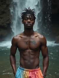 man in swim shorts  under a waterfall, wet hair