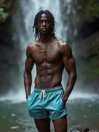 man in swim shorts  under a waterfall, wet hair