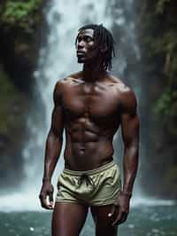 man in swim shorts  under a waterfall, wet hair