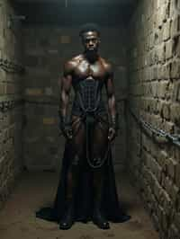 gothic man, bound by chains and barbed wire in a dungeon, very tight corset, high heels