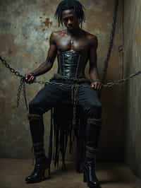 gothic man, bound by chains and barbed wire in a dungeon, very tight corset, high heels