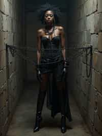 gothic man, bound by chains and barbed wire in a dungeon, very tight corset, high heels