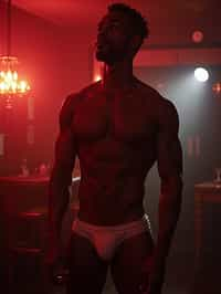 man in sexy underwear  as a chippendale  in strip club. wide shot. cinematic lighting