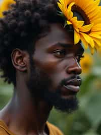 Close face shot of a man with a sunflower in hair, summer season, moody scene,, intricate, sharp details, summer vibe, gorgeous scene by gaston bussiere, craig mullins, somber lighting, drawn by giacomo burattini, inspired by graphic novel cover art, hyperrealistic, 8 k by rhads