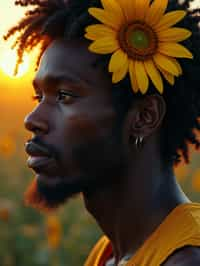 Close face shot of a man with a sunflower in hair, summer season, moody scene,, intricate, sharp details, summer vibe, gorgeous scene by gaston bussiere, craig mullins, somber lighting, drawn by giacomo burattini, inspired by graphic novel cover art, hyperrealistic, 8 k by rhads